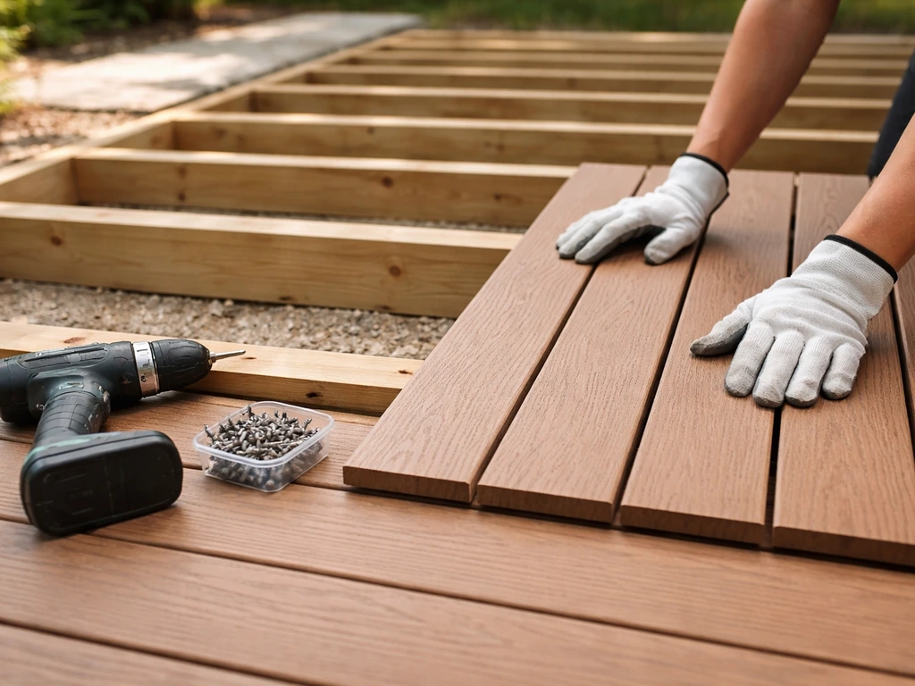 Anonymous hands laying wood decking boards on an outdoor patio frame with joists visible.