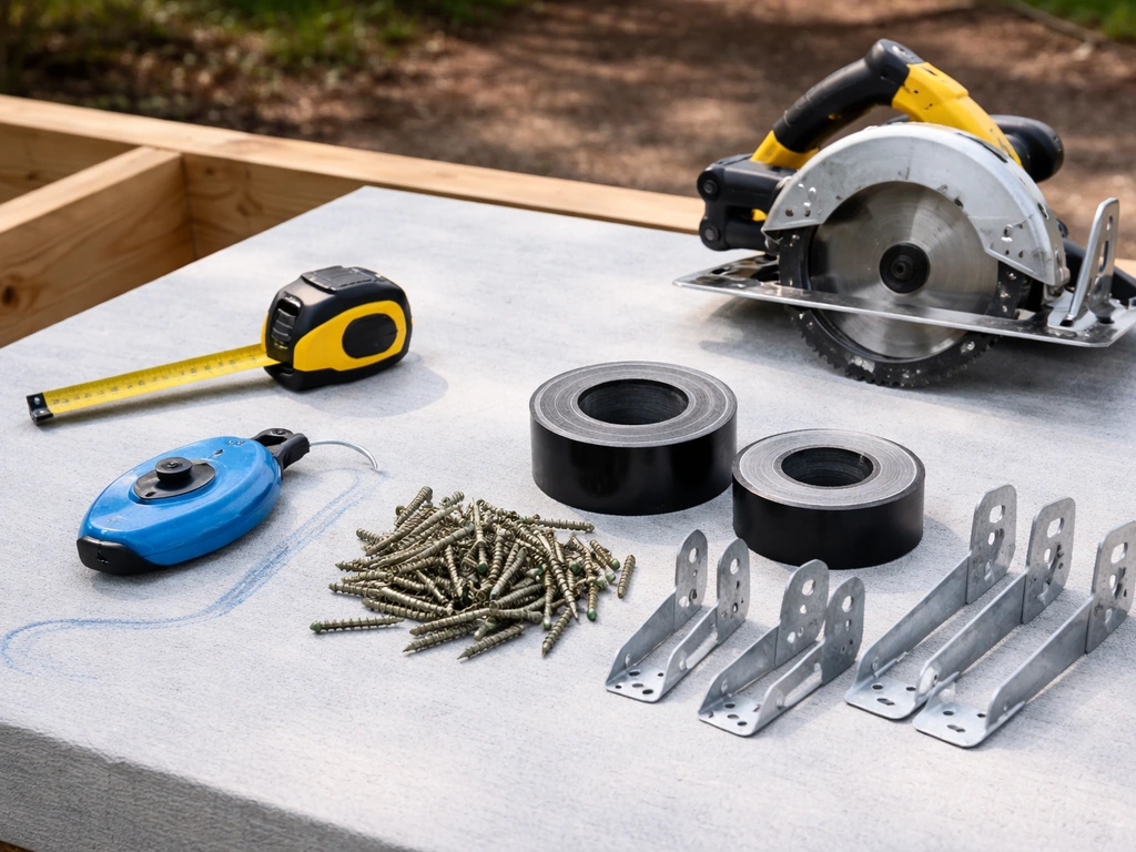 Neatly staged patio-deck DIY tools: tape measure, chalk line, saw, screws, flashing tape, and joist hangers.