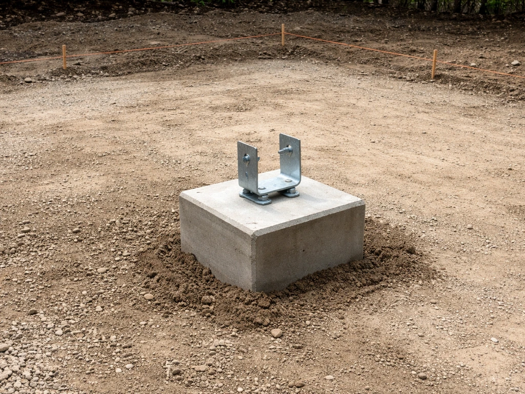 Concrete post footings in a cleared build area with anchored hardware and compacted ground marks.