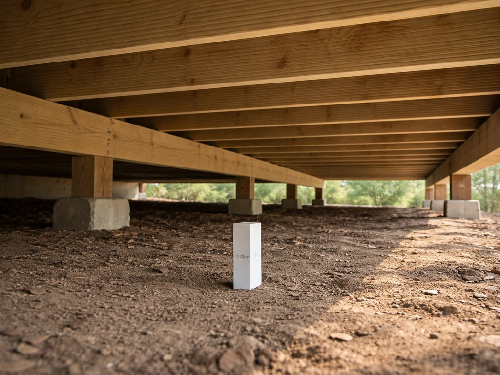 View from the ground under a deck showing a clear airflow gap to the bottom of the joists.