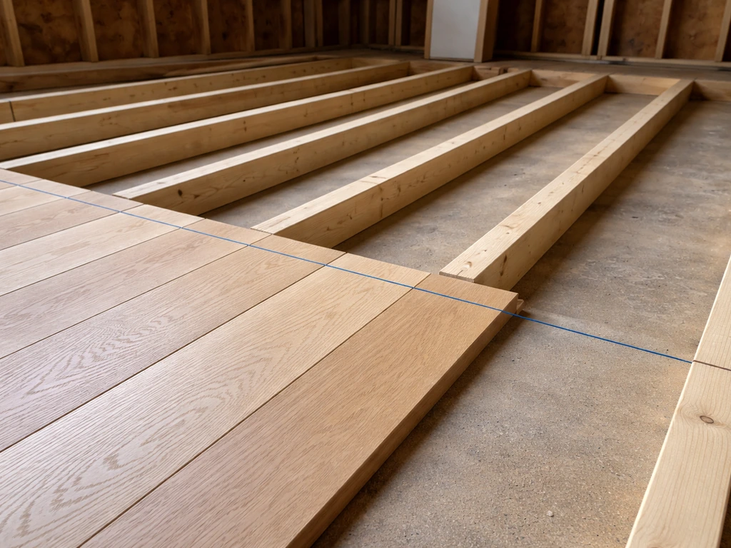 Dry-laid wood boards on joists with a chalk line reference line showing planned alignment.