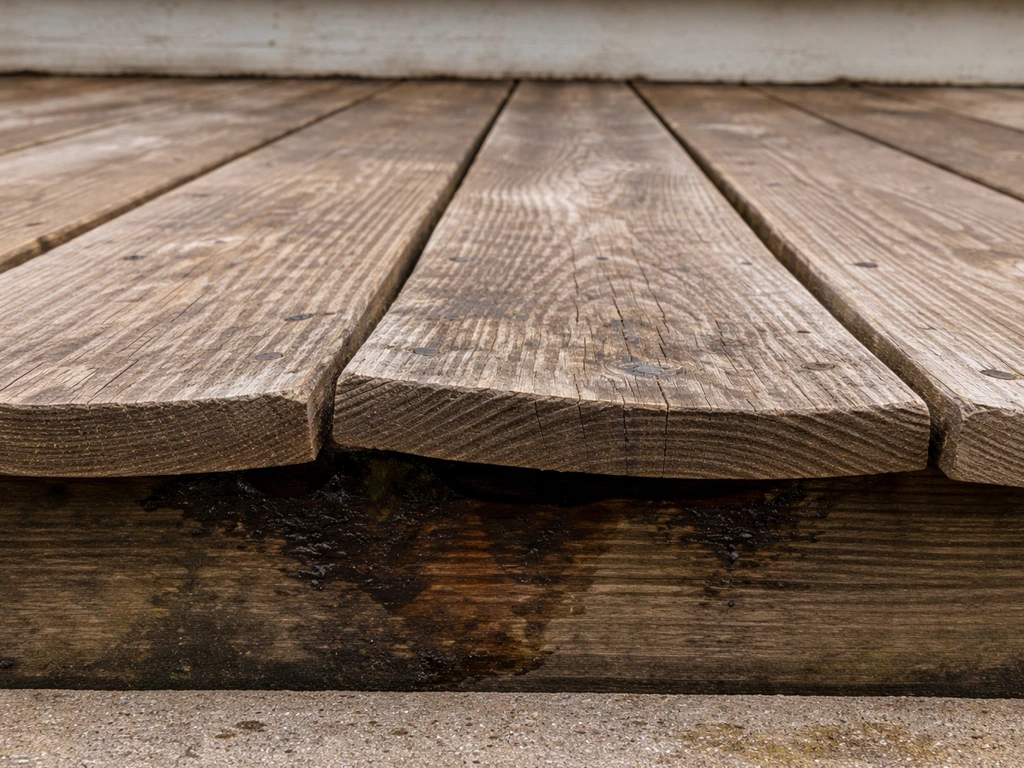 Close-up of a warped deck board cupping upward with visible moisture staining near the joist area.