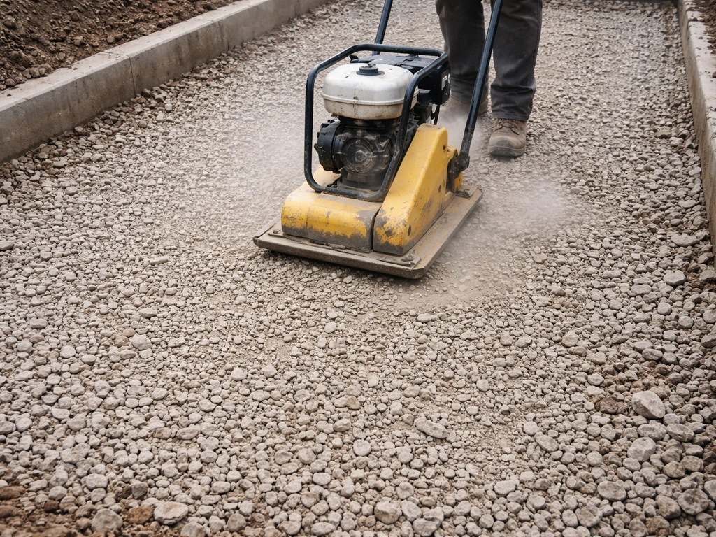 Plate compactor compressing MOT Type 1 sub-base stone in 50mm layers outdoors.