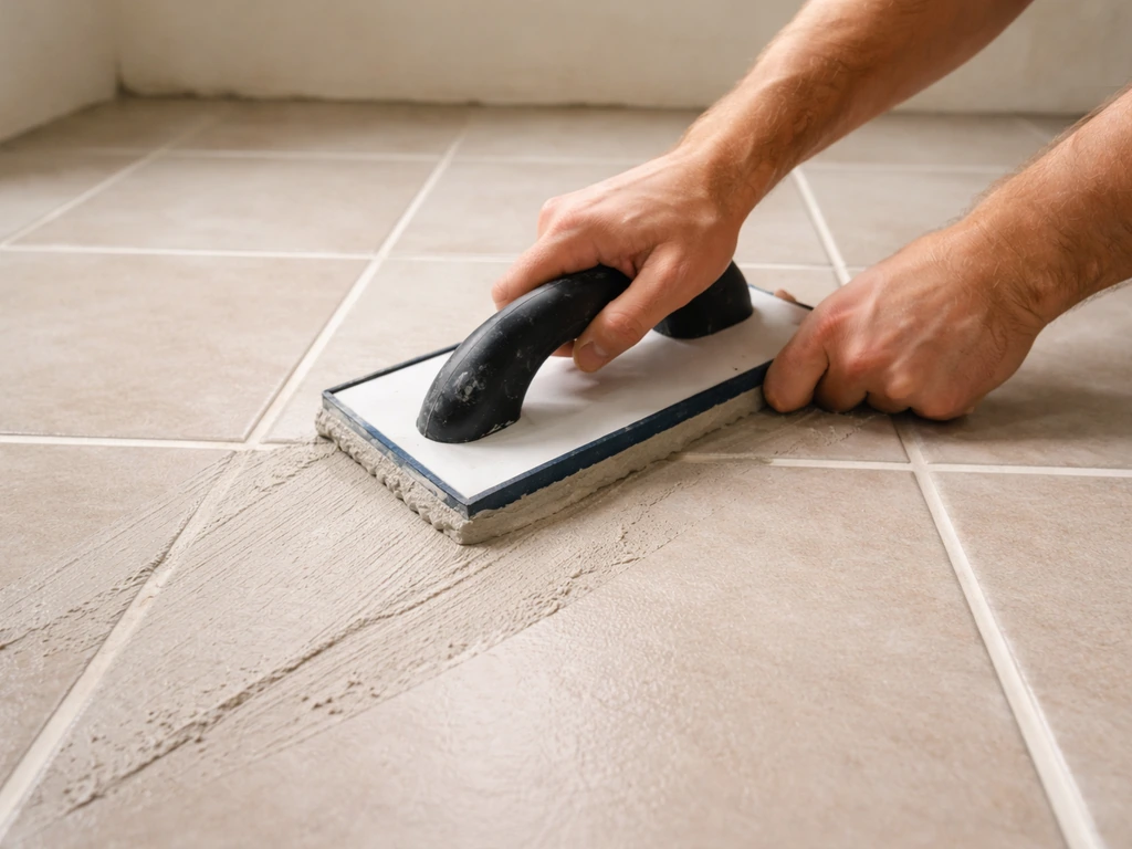 Tile surface with grout float spreading fresh grout, grout lines filling evenly and ready for sealing