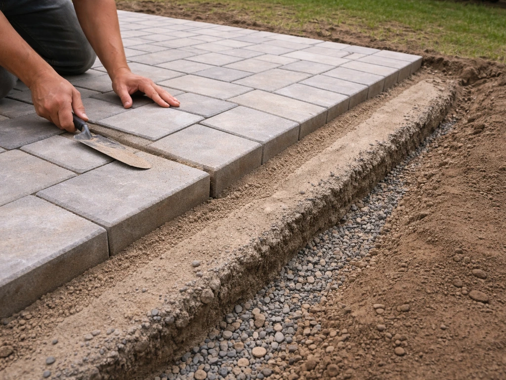 Newly laid patio pavers with visible base layers and a clear drainage fall direction.