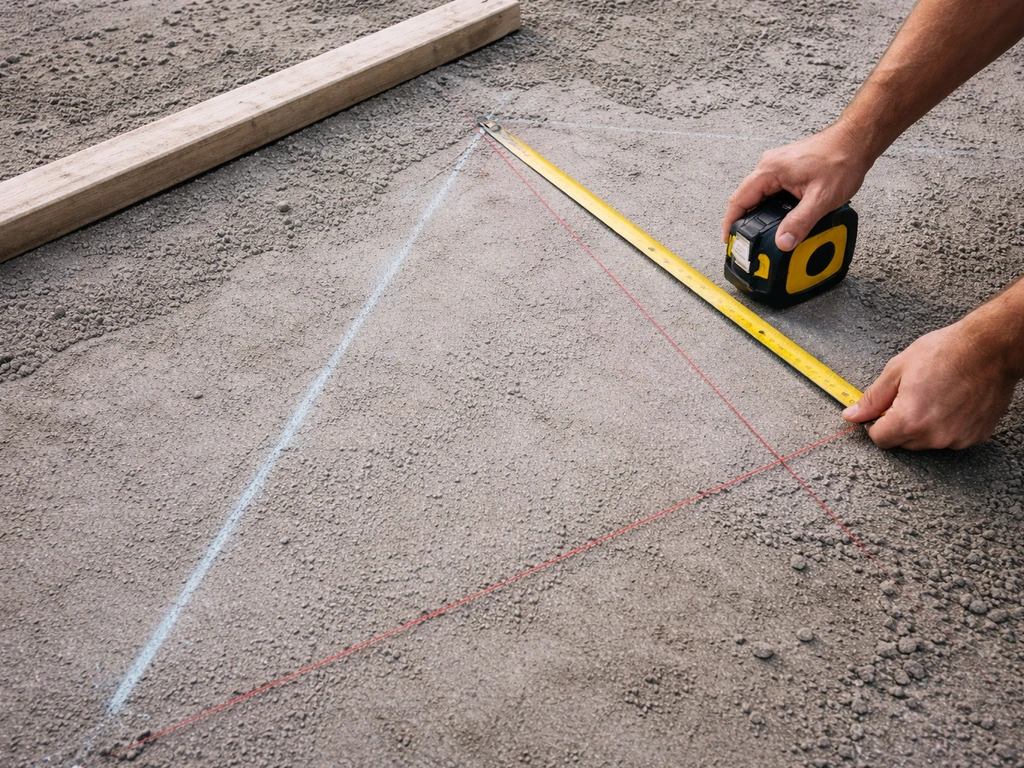Tape measure and laser level set over a marked patio area with a visible drainage slope.