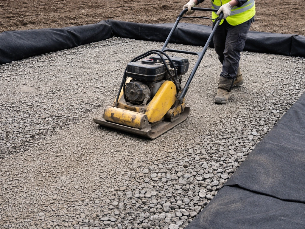 Worker compacting Type 1 MOT hardcore with vibrating plate; geotextile visible at edges.