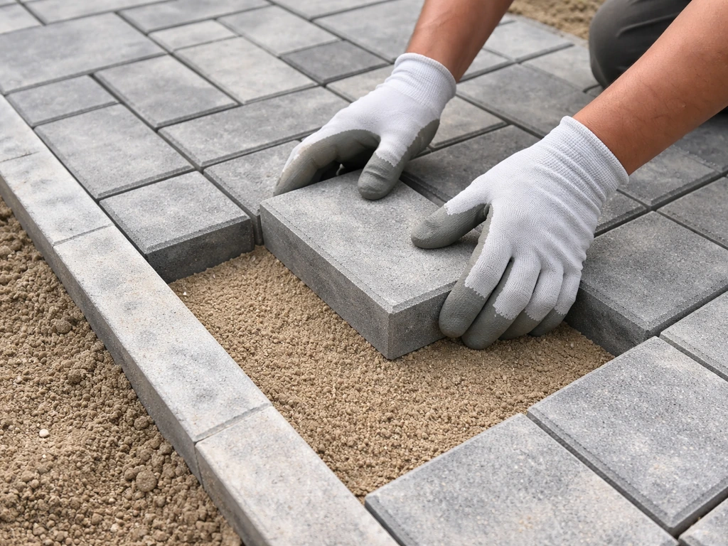 Gloved hands place a block paver onto a screeded sand bed as joints form between pavers.