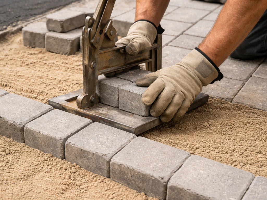 Block paving contractor cutting and dry-fitting paving blocks along a garden edge
