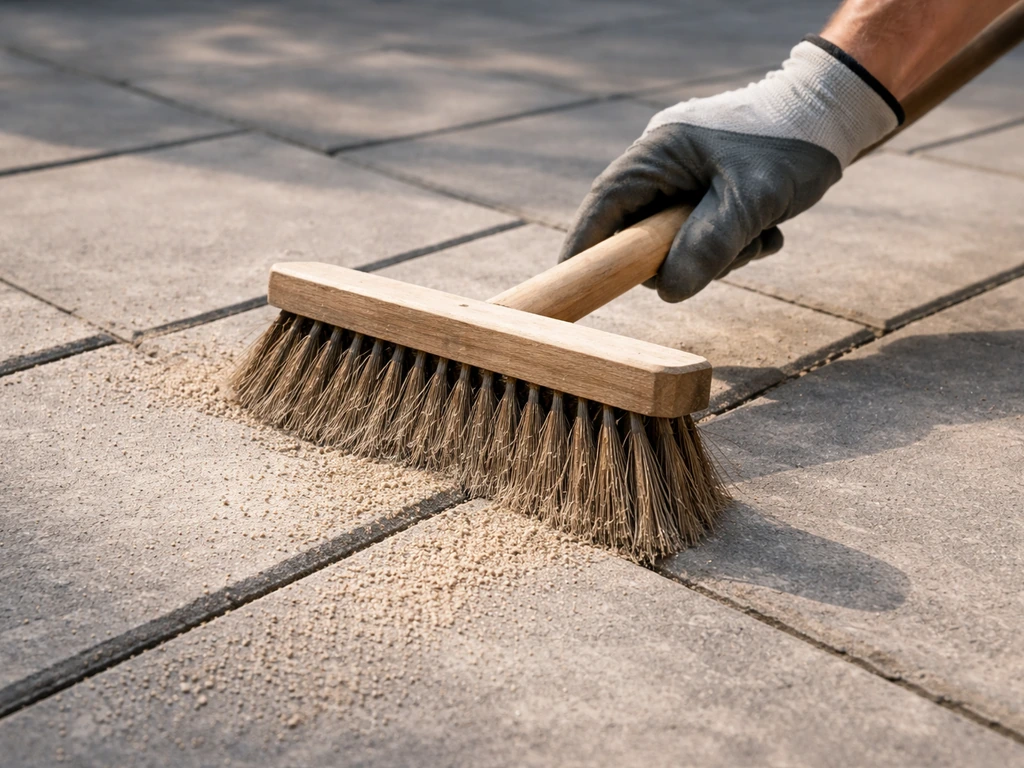Gloved hand brooming jointing sand into patio joints, with a clean leveled surface ready for sealing.
