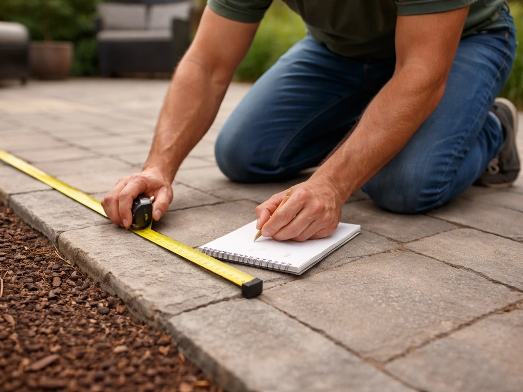 Person kneeling on a patio measuring with a tape measure and jotting notes on a notepad.