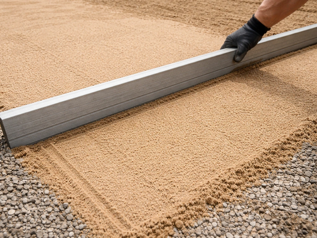 Worker leveling a fresh 1-inch bedding sand layer over compacted gravel with a screed board.