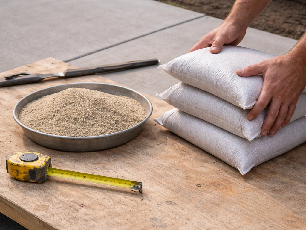 Patio sand bag supplies and a measuring tape on a clean work surface
