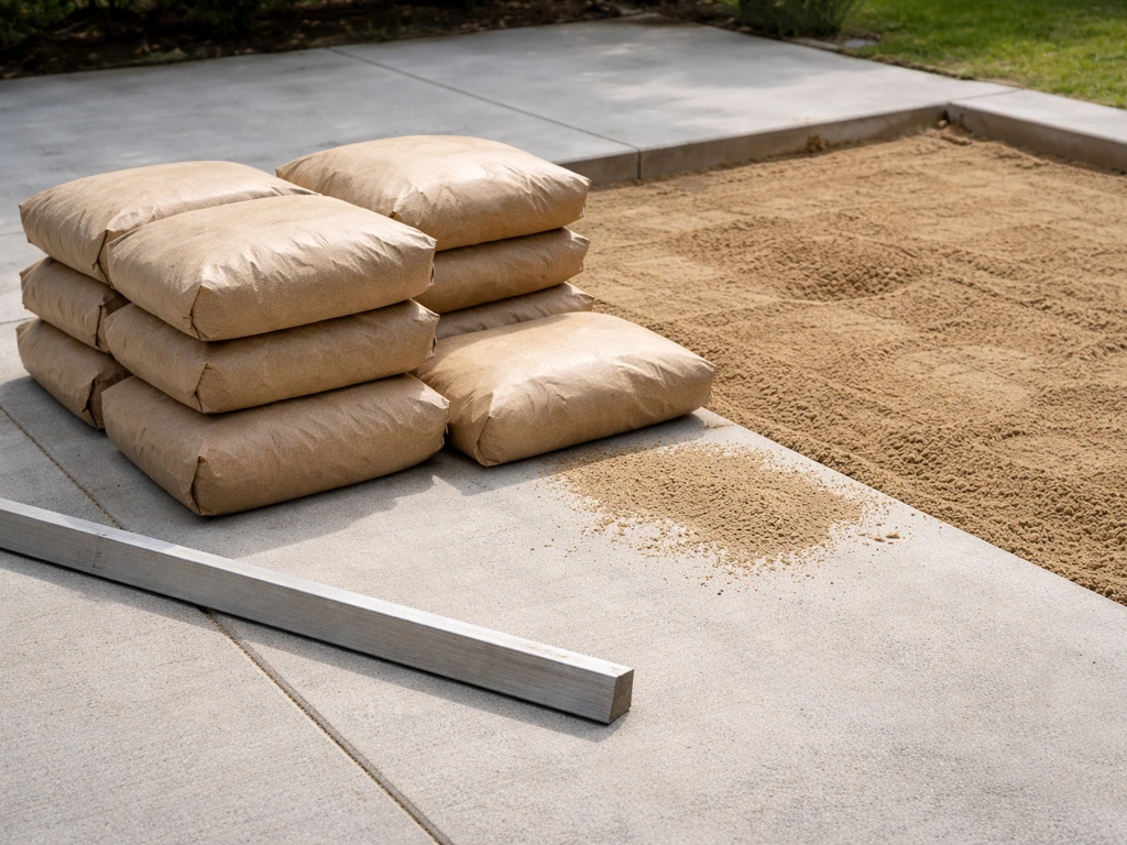 Sand delivery bags staged beside a patio area, with extra bags suggesting waste and compaction allowance.