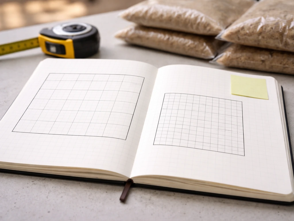 Close-up of a patio planning notebook layout with tape measure and sand, contrasting square-yard vs square-foot units.