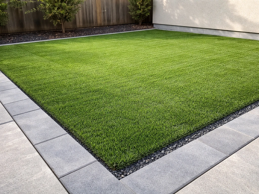 Newly installed patio turf with crisp edging and visible drainage-friendly base lines, clean DIY finish.