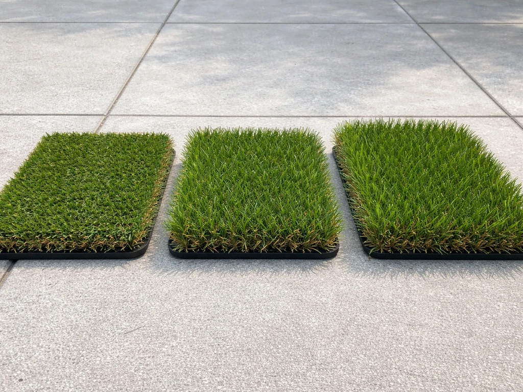 Close-up side-by-side artificial turf samples showing different short pile heights for a patio.