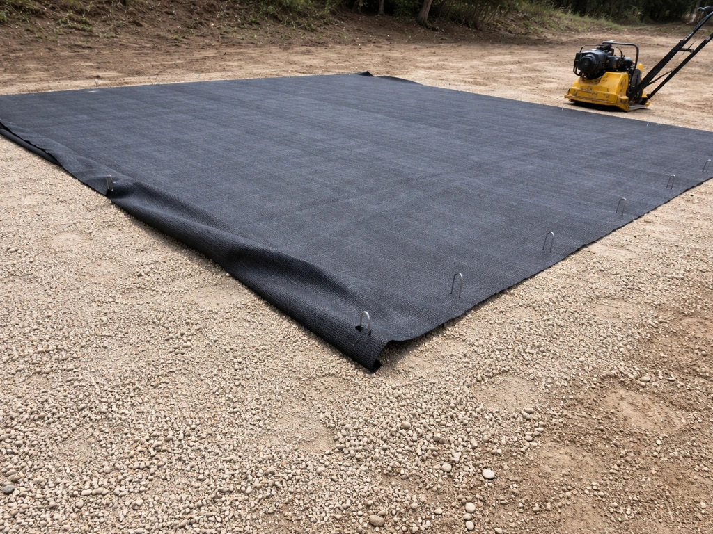 Compacted decomposed granite with woven geotextile weed barrier anchored by U-pins in an excavated area.