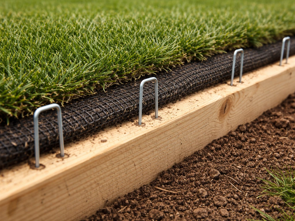 Close-up of turf roll being secured with galvanized nails through backing into visible edging board.