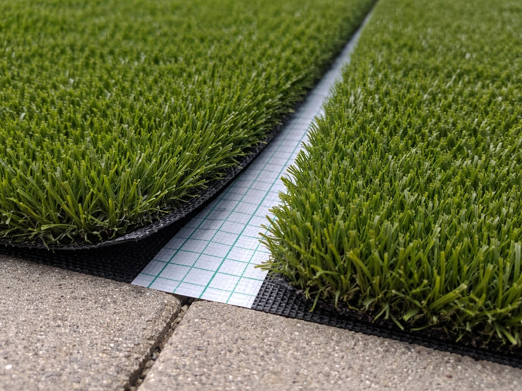 Close-up of two artificial turf edges with a 2–3mm gap and double-sided seaming tape centered beneath the join.