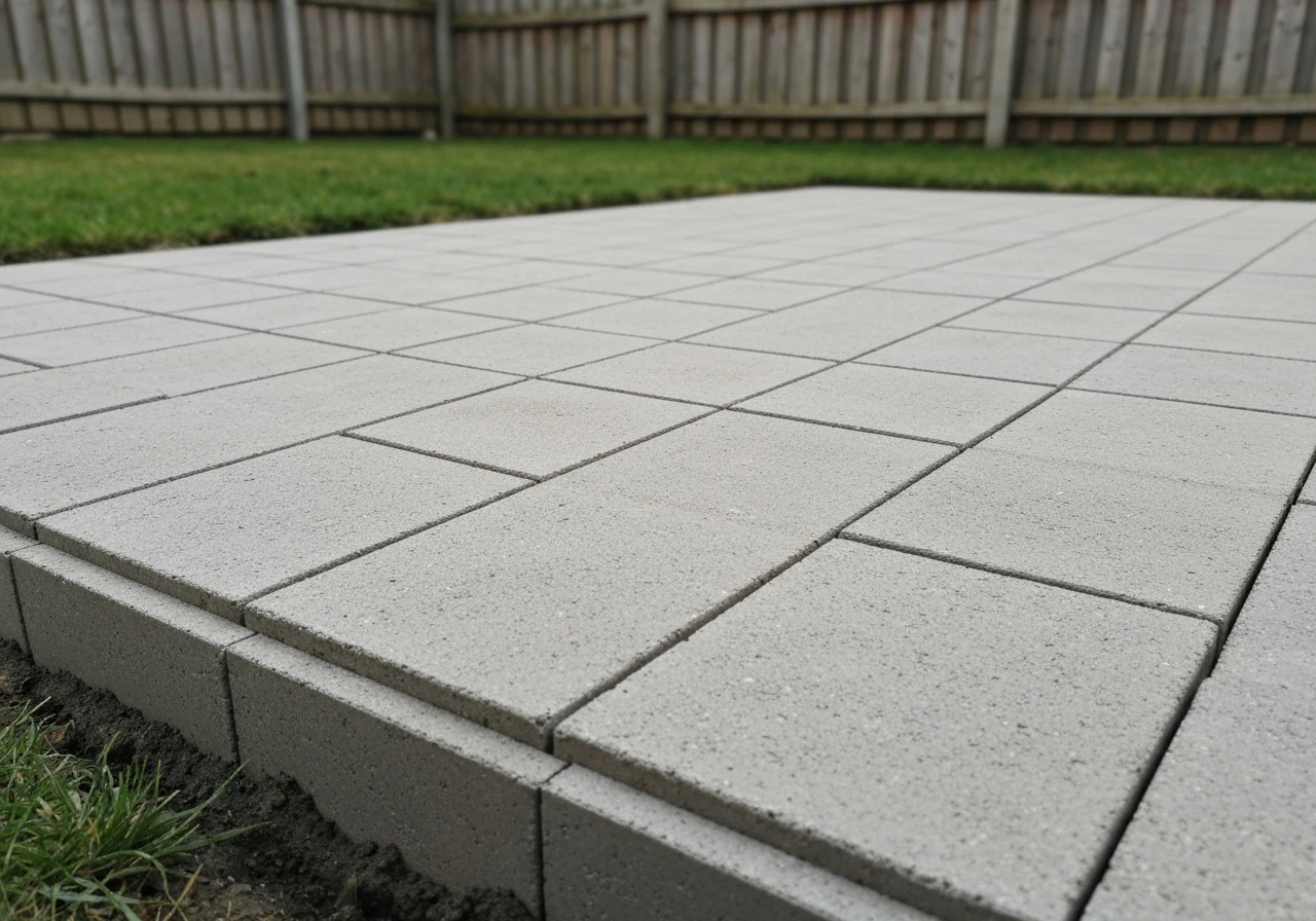 Finished rectangular cement block patio with clean edges and visible joints in a residential backyard.