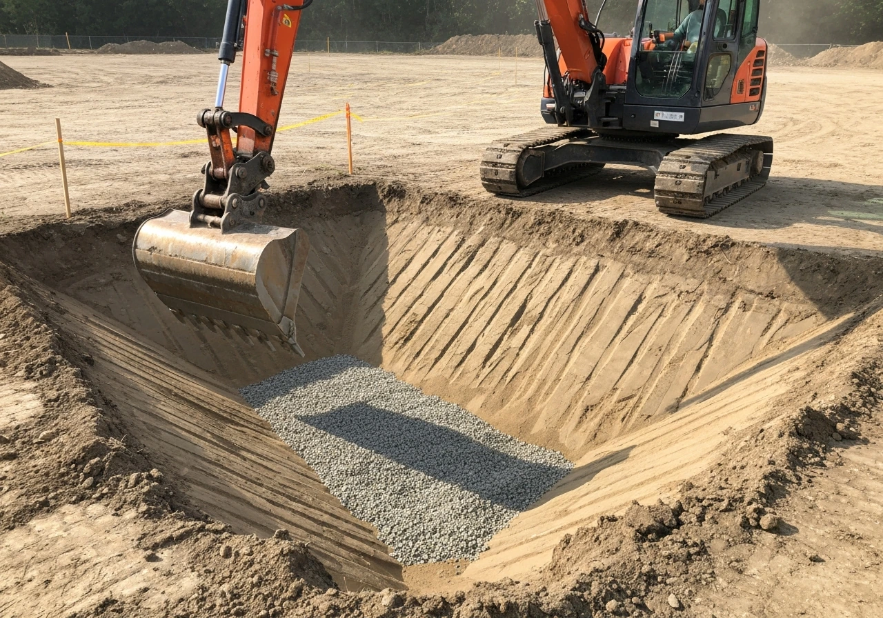Worksite shovel and excavator tracks around a freshly dug trench with sloped gravel base for drainage