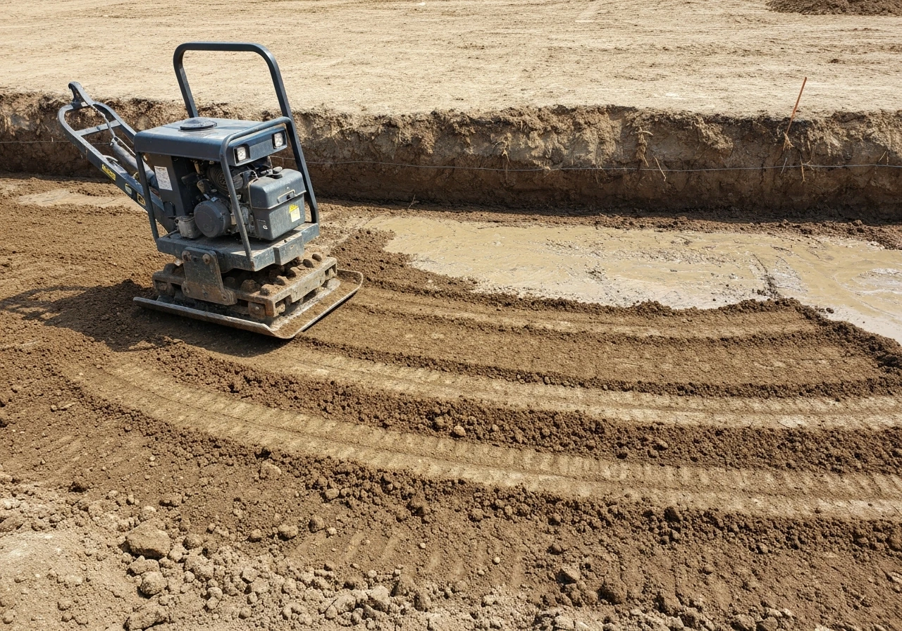 Plate compactor compressing damp native soil in a simple excavated trench.