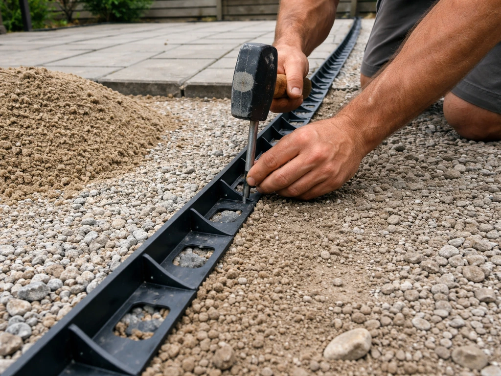 Worker spiking plastic paver edge restraints into patio gravel along the perimeter