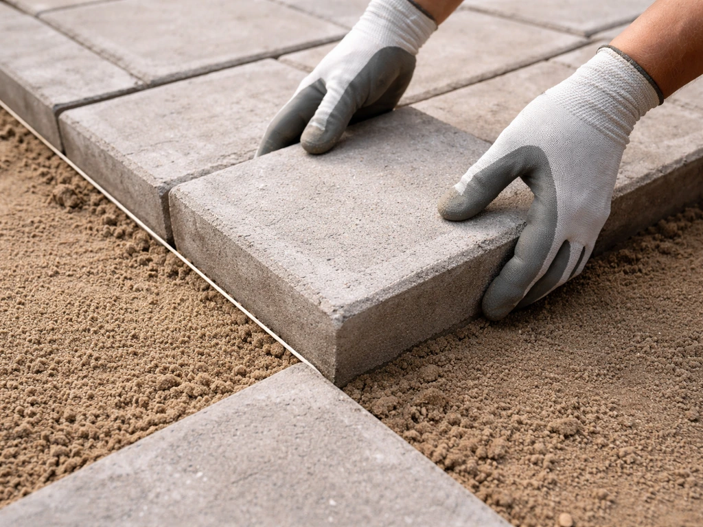 Hands placing a cement patio block onto a leveled sand bed at a patio corner with space alignment