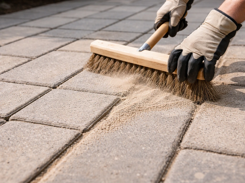 Hands sweeping polymeric jointing sand into gaps between cement blocks on a patio