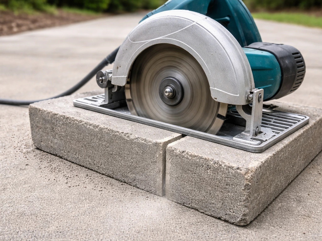 7-inch circular saw cutting a clean groove in a concrete patio block with a diamond masonry blade.
