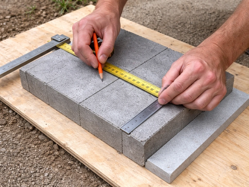 Hands measuring and marking a patio block on stable plywood for a straight, safe cut line.