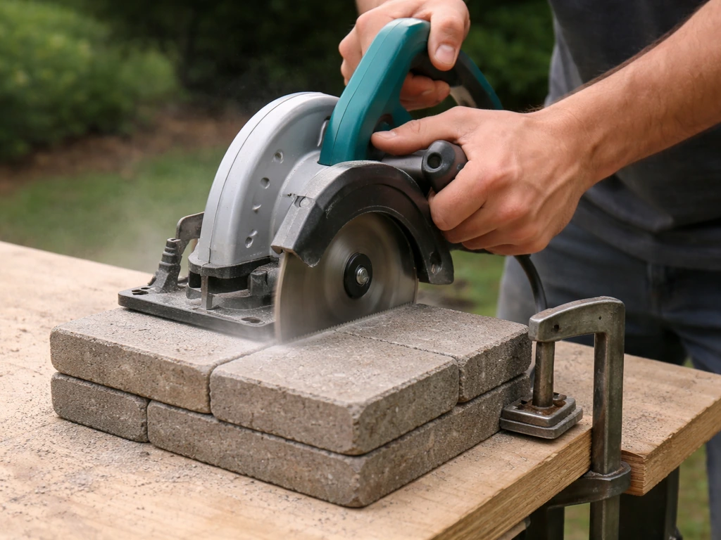 Circular saw cutting clamped patio blocks with a clean, straight cut and fine dust at the blade line.