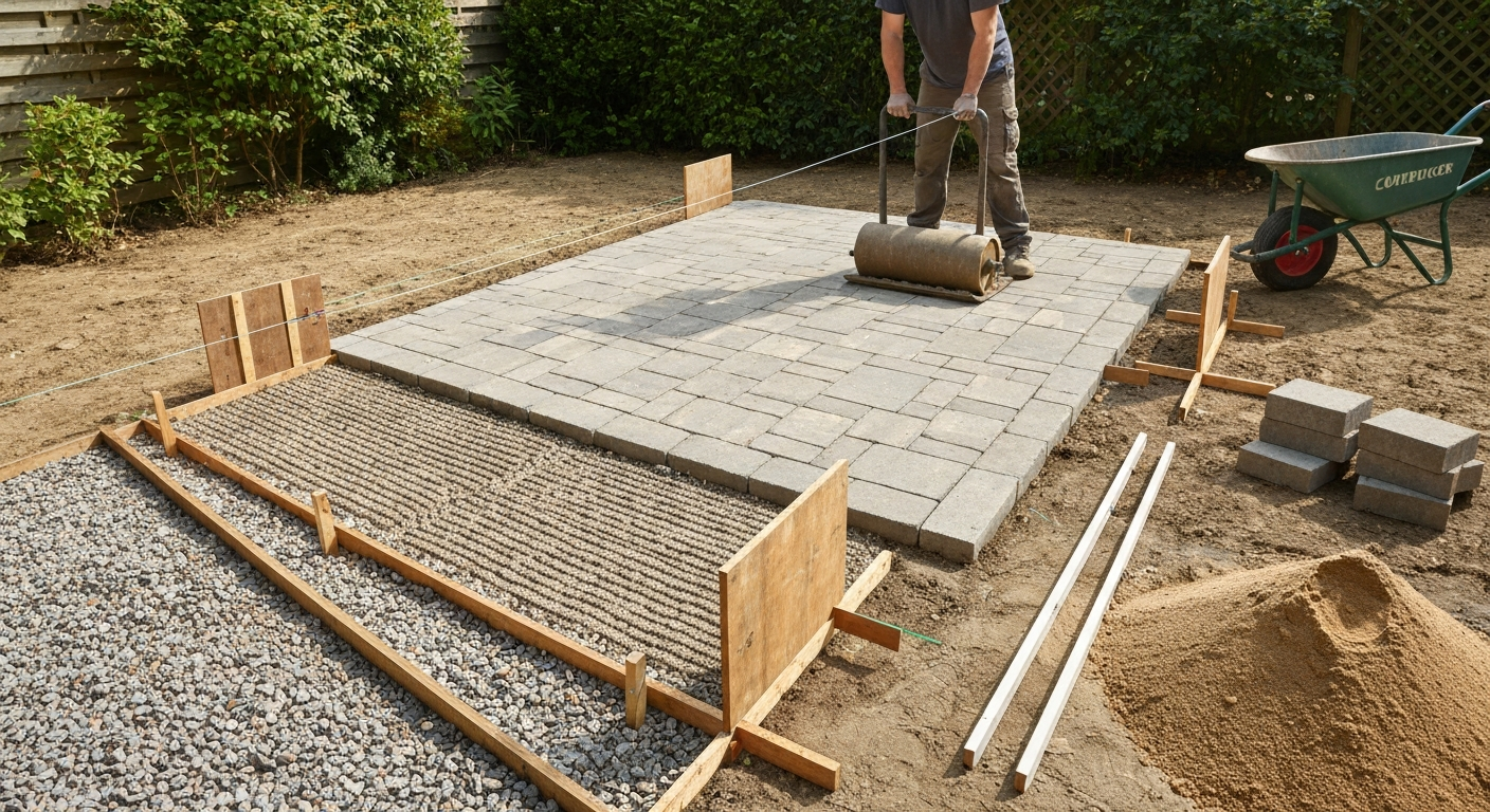 DIY backyard patio installation showing a hand tamper, garden roller, string lines, and partially laid pavers; no powered compactor visible.