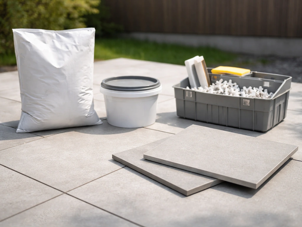 Outdoor porcelain tiles laid beside exterior-rated mortar/setting materials on a patio for outdoor use.