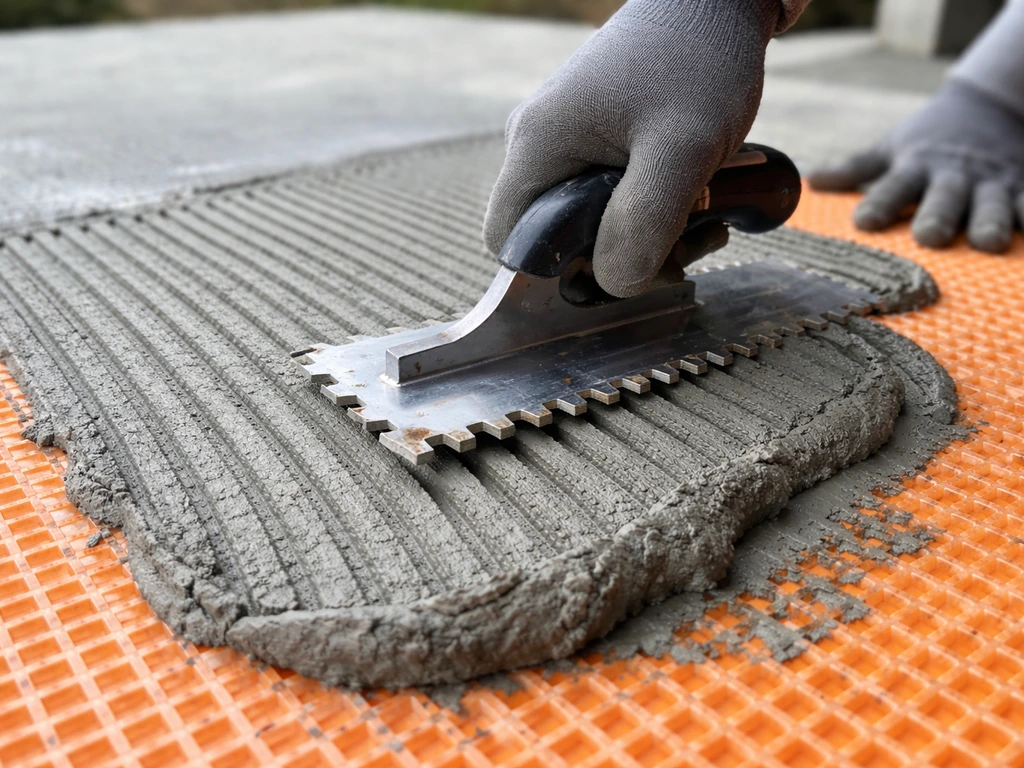 Gloved hands spread exterior-rated thinset ridges over a waterproofing/uncoupling membrane using a notched trowel.