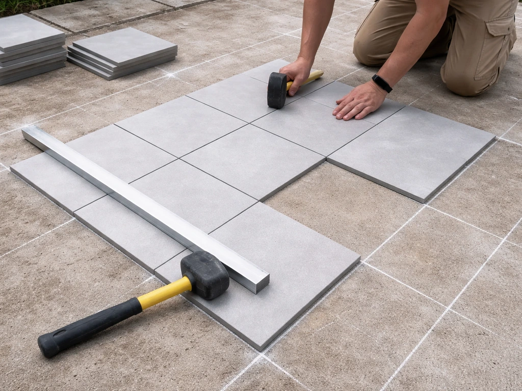 Person laying out an outdoor patio tile dry-fit layout on bare substrate with chalk chalklines