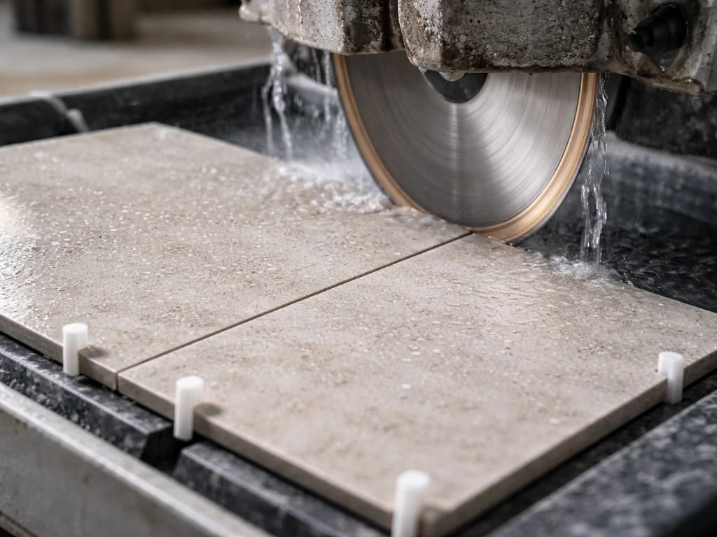 Wet tile saw cutting porcelain tile with diamond blade, clean cut lines, tile spaced for installation