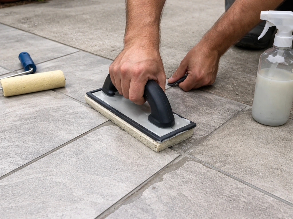 Hands applying grout into patio tile joints, with sealer roller ready on an outdoor patio.