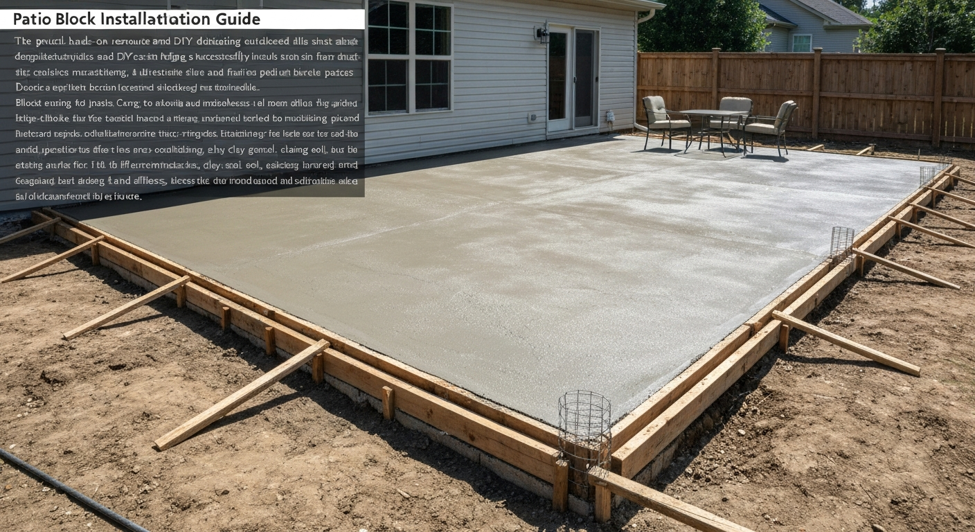Wide photorealistic view of a poured concrete patio slab in a backyard showing formwork, exposed base at an unfinished edge, and a gentle slope away from the house.