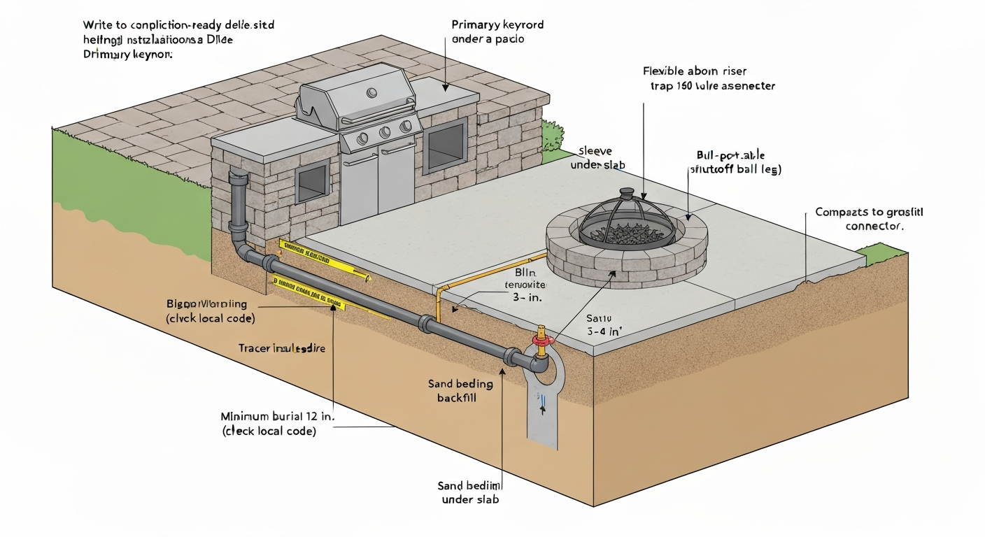 Isometric cutaway illustration of a patio showing a buried gas line, sand bedding, tracer wire, warning tape, and an above‑grade riser with shutoff and drip leg feeding a grill.