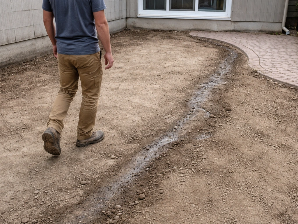 Anonymous worker walking a patio site, inspecting slope and drainage cues in compacted soil before digging.