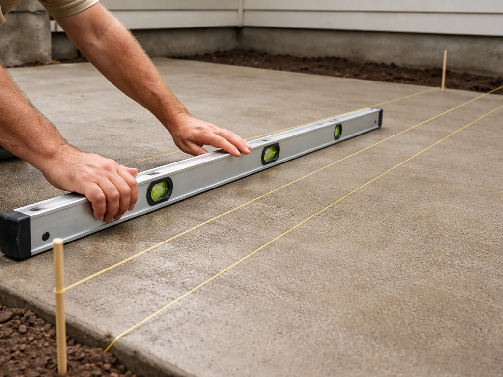 Person checking patio slope with a long spirit level and string lines near the house