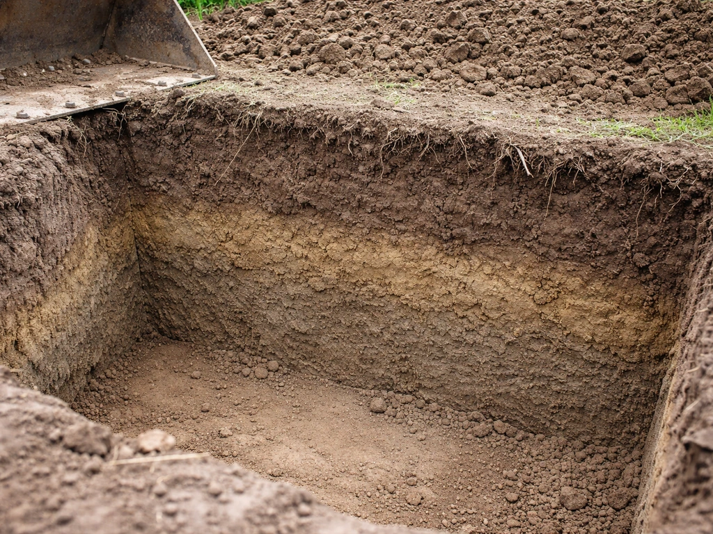 Excavation trench showing removed topsoil and roots down to firm subsoil