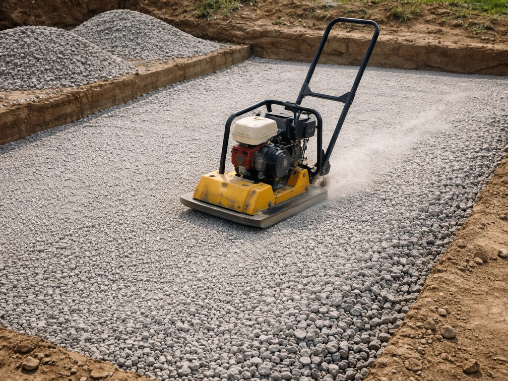 Plate compactor compacting a layer of crushed stone on a prepared construction base.