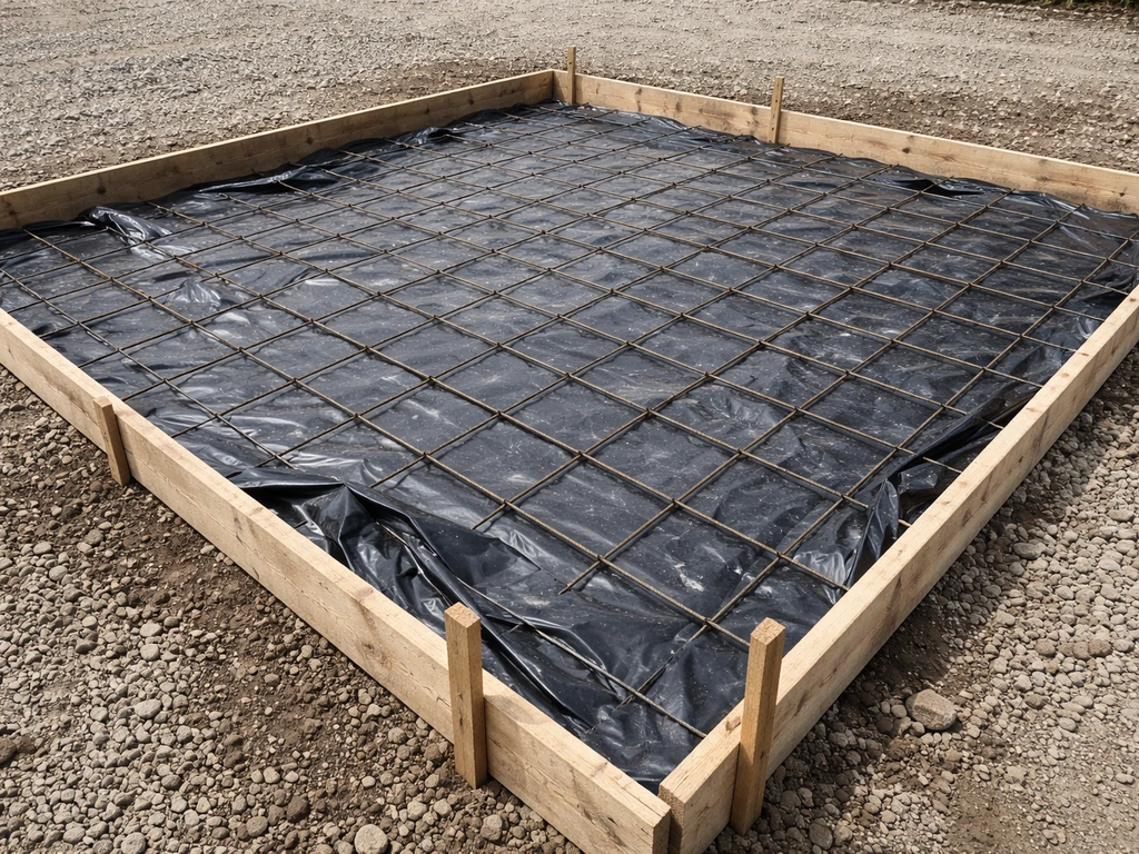Rectangular patio base with timber forms, rebar reinforcement, and vapor barrier laid over compacted gravel.