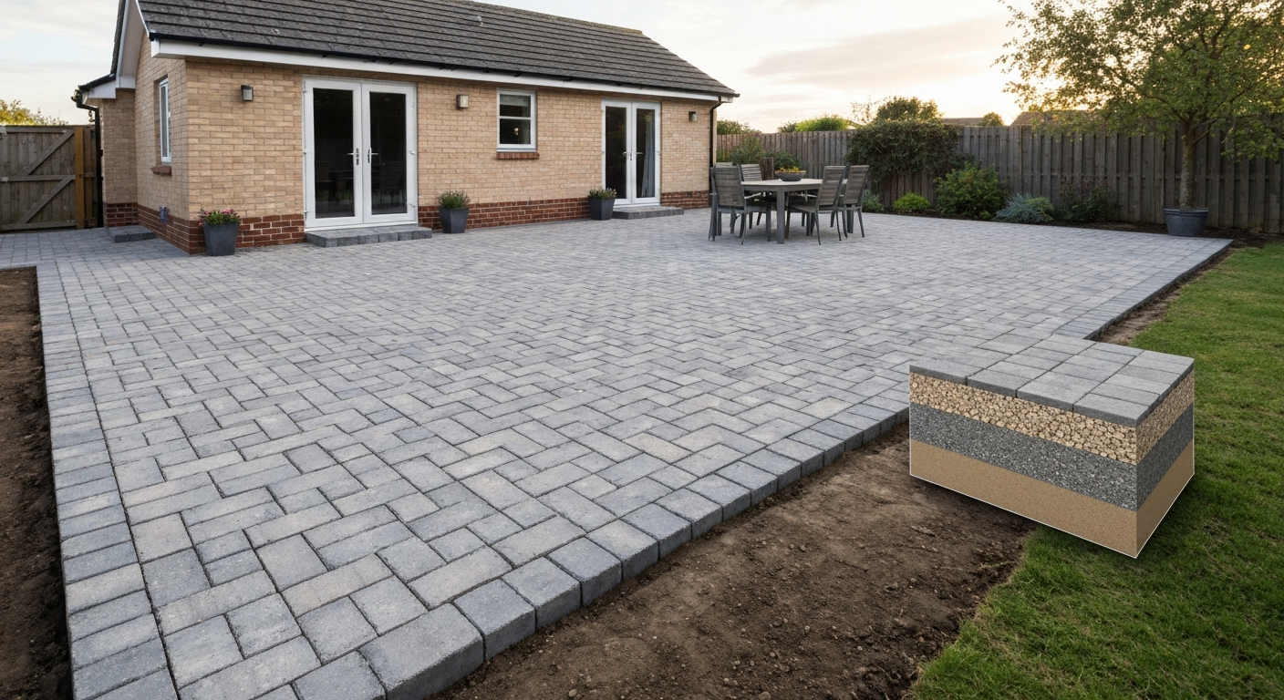 Finished backyard patio in herringbone pavers with a small cutaway showing sand bedding and compacted crushed-stone sub-base, sloping away from the house.