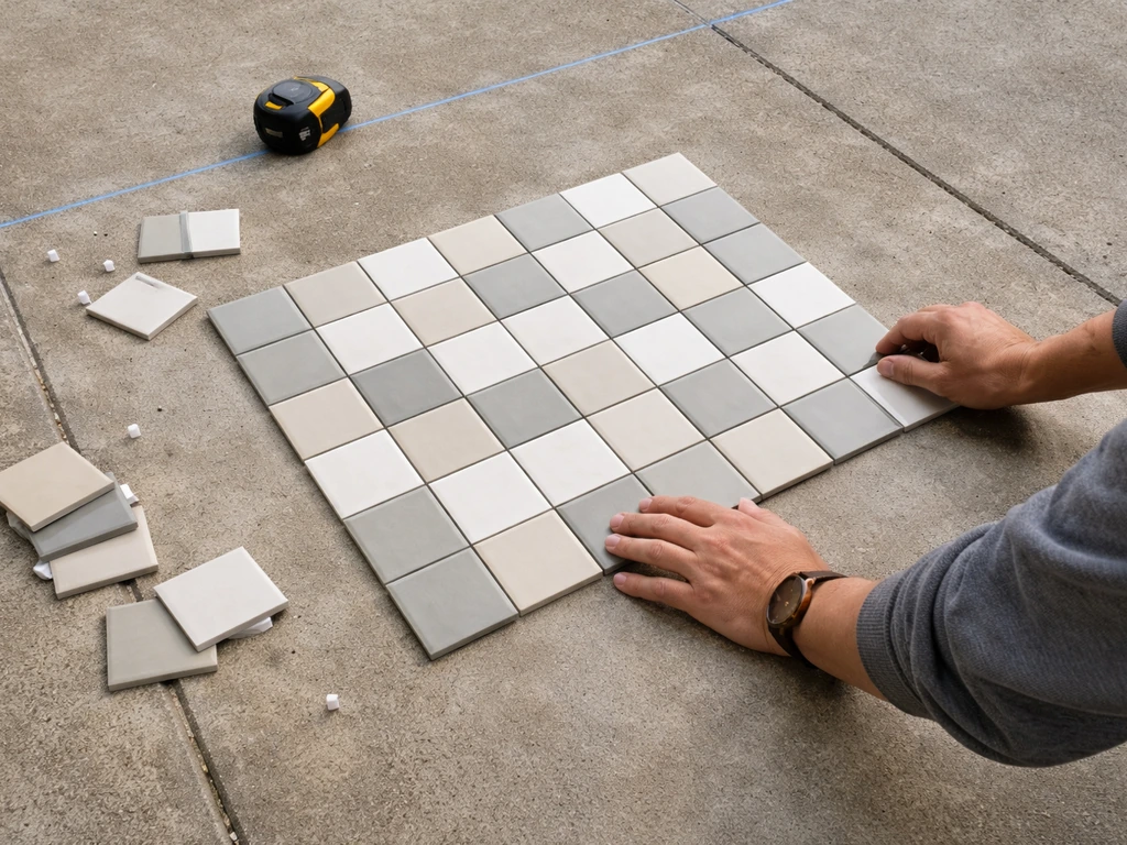 Hands arranging porcelain tile samples on a patio with a tape measure and chalk boundary line.