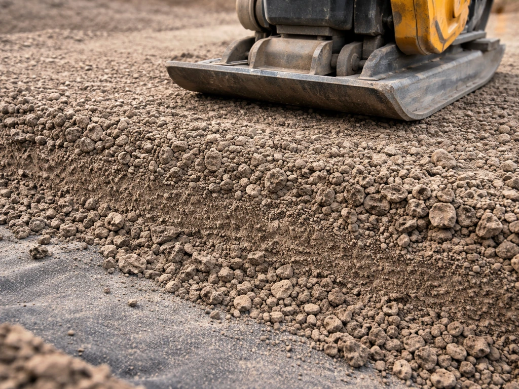 Plate compactor compacting freshly laid crushed aggregate sub-base over geotextile fabric