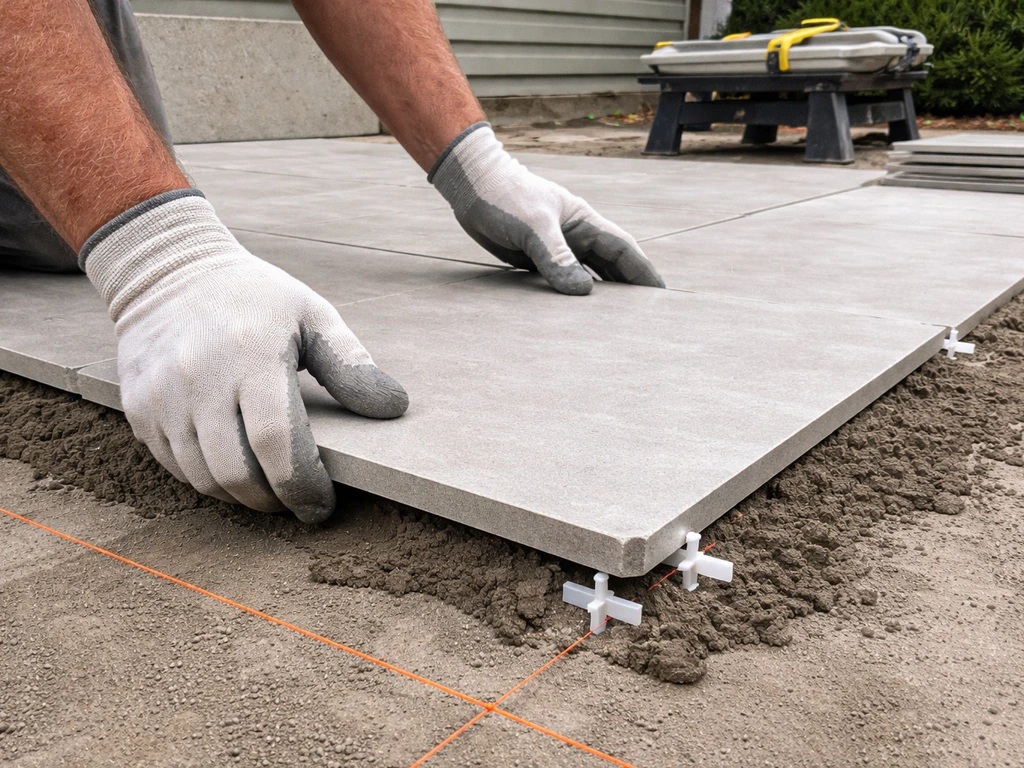 Gloved hands placing porcelain patio tiles with spacers, aligned to a string reference line.